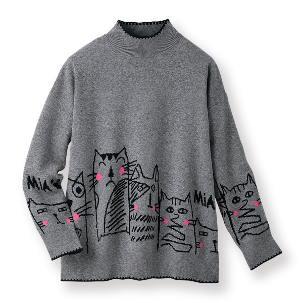 猫ちゃんイラストプリントセーター