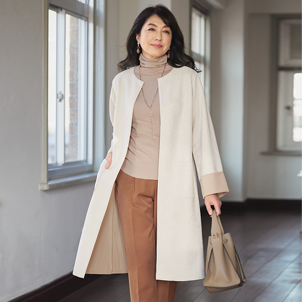 フェイクスウェードノーカラーコート | 京都通販ミセスのファッション