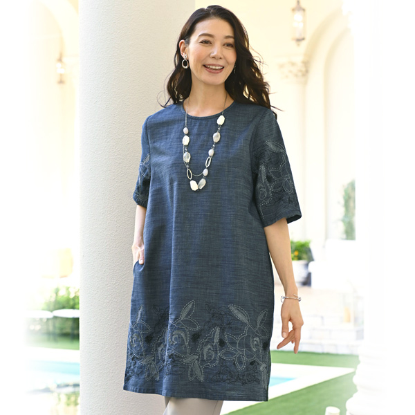 配色刺しゅう綿チュニックワンピース | 京都通販ミセスのファッション