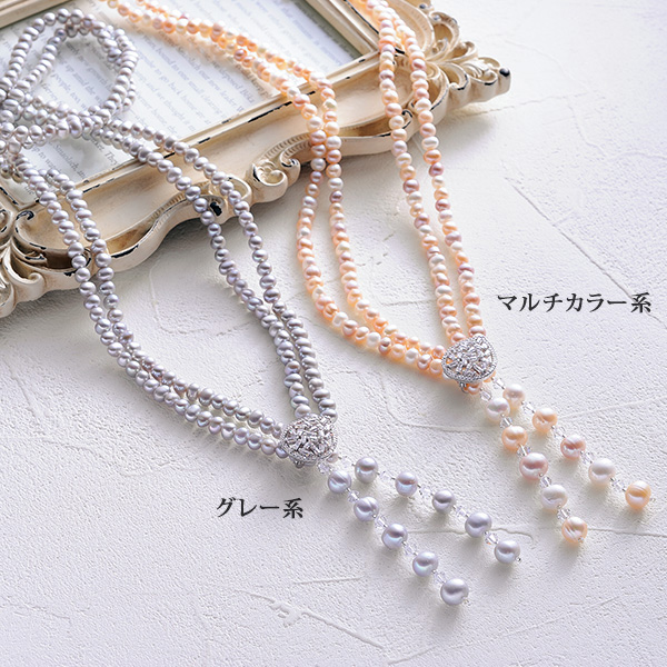 2連ネックレス　パワーストーン　淡水真珠　ヘマタイト　60cm シルバーファッション