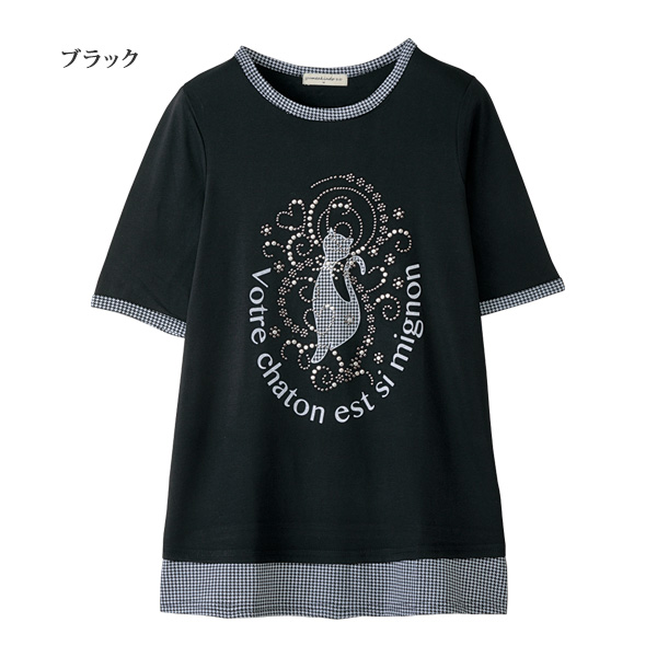 ネコ柄スタッズデザインＴシャツ / 大きいサイズ M L LL 3L | 京都通販ミセスのファッション館・本店