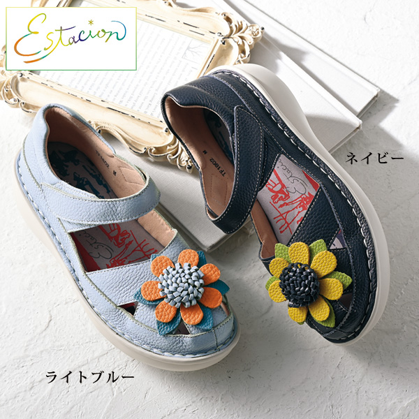 エスタシオン 牛革花モチーフ甲ベルト ウォーキングシューズ Estacion